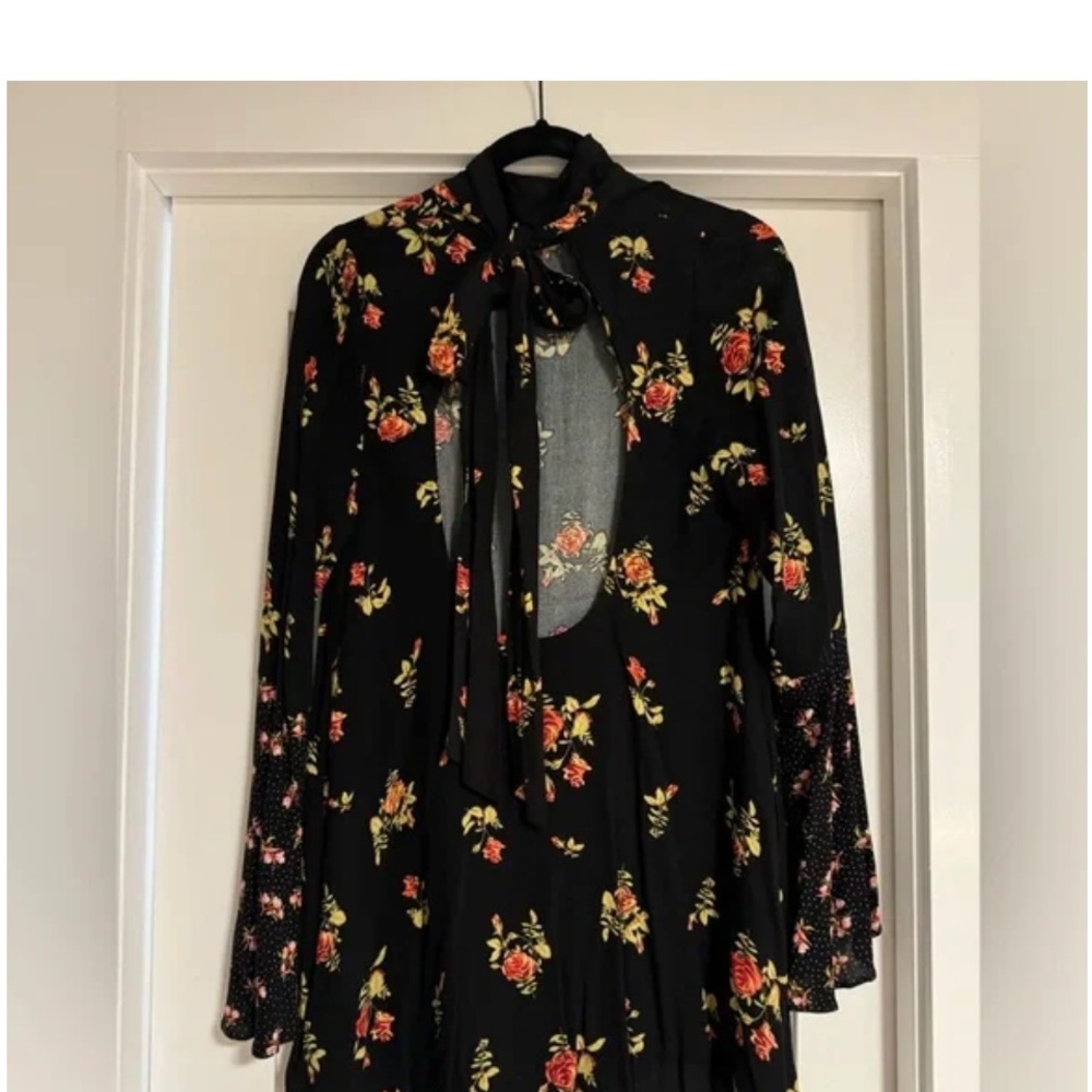 Free People Black Floral Tie-Neck Mini Dress